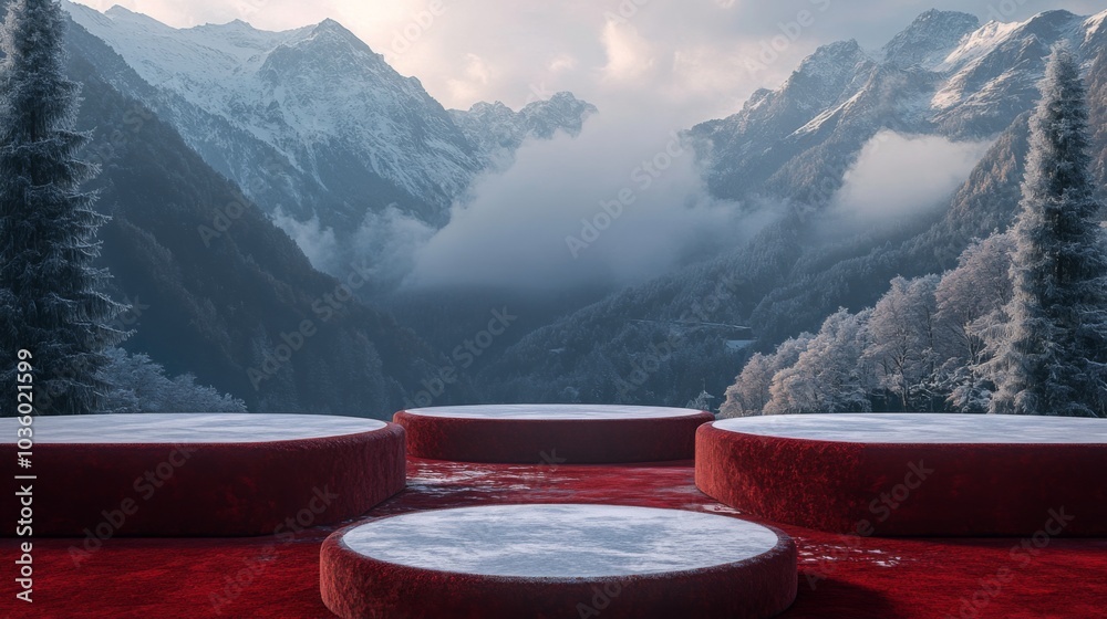 Aufkleber The view features circular platforms adorned with snow, set against majestic mountains shrouded in mist. Pine trees are dusted with frost, creating a tranquil atmosphere at dawn in winter.
