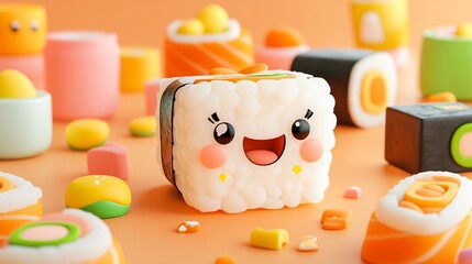 Happy sushi roll with big eyes and smile on orange background.