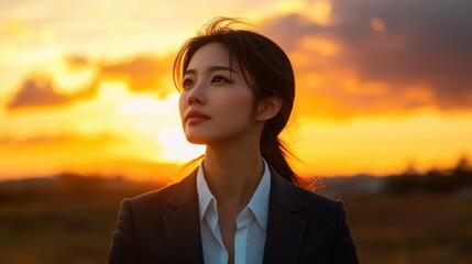 Portrait of a blissful asian woman in her 30s dressed in a stylish blazer against a vibrant sunset horizon. AI Generation