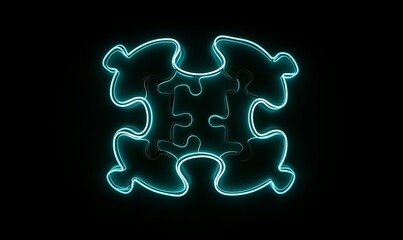 Neon silhouette of interconnected puzzle pieces surrounded by glowing outlines isolated on black background