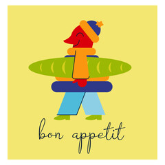 bon appetit, stylized character with bread, greeting card, cooking, food, enjoy your food