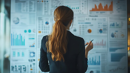 A woman is looking at a large board with many graphs and numbers