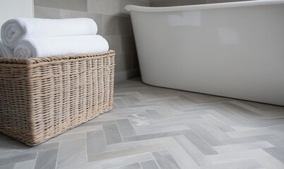 Natural stone tiles in a herringbone pattern adorn the modern bathroom floor, blending earthy textures with sleek lines and neutral tones