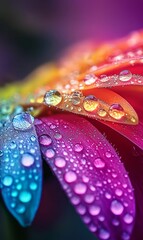 Dew drops on colorful petals, close-up.