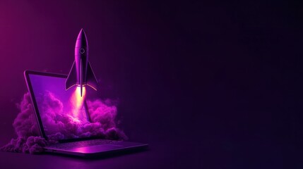 Rocket coming out of a laptop screen on a dark purple-black background