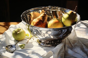 Bright green apples and golden pears are elegantly displayed in a shiny silver bowl highlighted by warm afternoon sunlight filtering through creating shadows