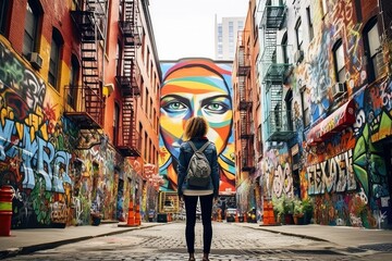 Fototapeta premium An individual stands captivated by striking street art in a lively urban alley adorned with intricate murals showcasing creativity and expression