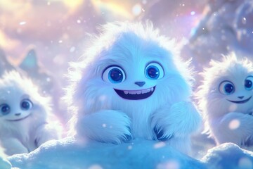 Obraz premium Illustration of funny cartoon yeti monster on mountain background. Halloween holiday