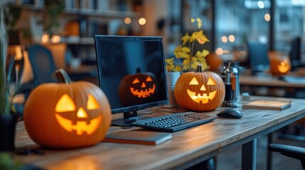 Halloween themed office workspace with carved pumpkins featuring illuminated jack-o'-lantern faces on desks decorated for the festive season