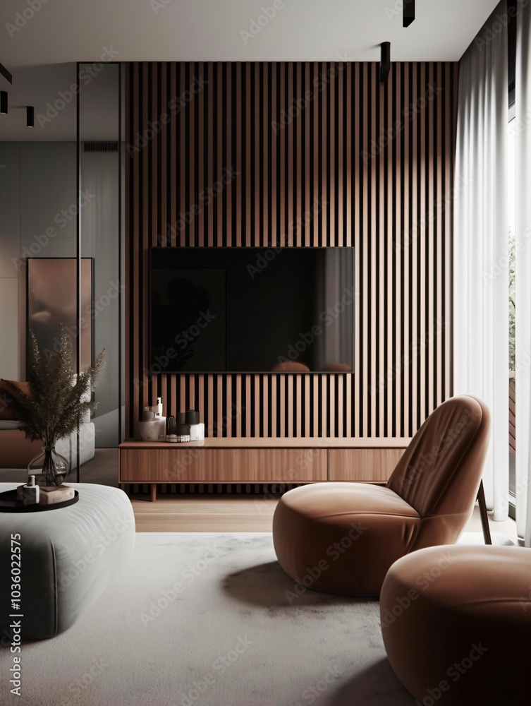 Wall mural modern minimalist living room with wooden accents and contemporary decor