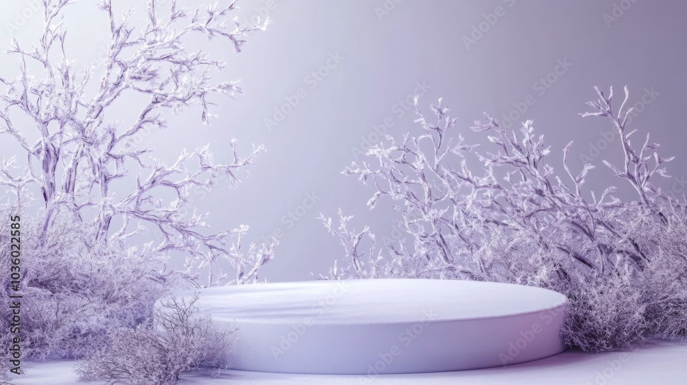 Poster A minimalistic winter setting showcases a smooth circular platform enclosed by frost-covered trees. The tranquil atmosphere is enhanced by soft purple hues of the morning light.