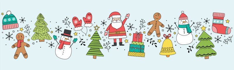 Colourful Christmas banner with hand drawn characters and ornaments. Vector illustration