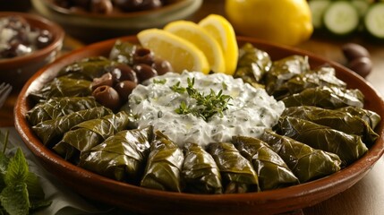 A delightful platter of Greek dolmades, grape leaves stuffed with seasoned rice and herbs, served with tzatziki sauce and lemon wedges