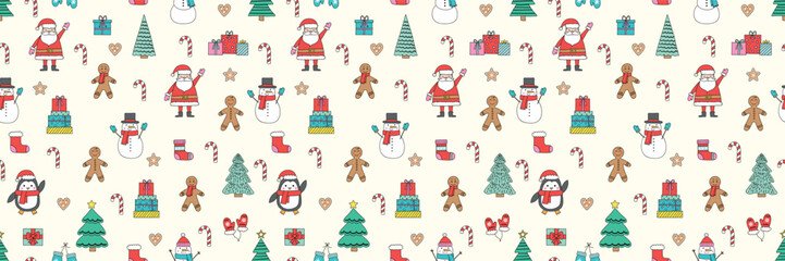 Christmas background. Seamless pattern design with hand drawn ornaments. Vector illustration