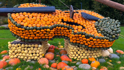 Pumpkin Crafts at fall harvest festival. Halloween farmers market. Concept of seasonal produce, country market and festive fall decorations.