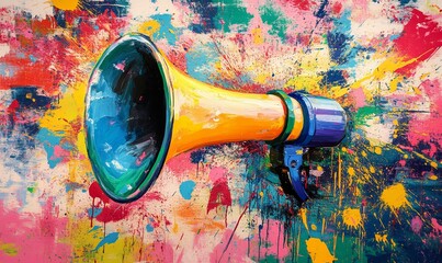 Megaphone, vibrant art and freedom of expression. Colorful, dynamic and energetic communication through art for liberty, creativity and social change. Inspiring visual message for a diverse audience