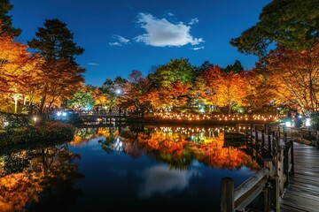A photograph of the night view at Higashiyama Shoren-in, Kyoto's most famous park during autumn The trees around it turn into vibrant colors and light up the sky with their reflections Generative AI