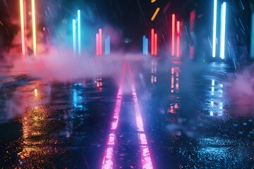 Dark street, wet asphalt, night view of the city, neon reflections on the concrete floor