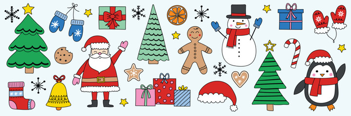 Collection of Christmas cartoon clip art design. Cute X-Mas characters and ornaments. Vector illustration