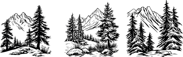 Mountain Landscape with Pine Trees and Lake Reflection - Minimalist Black and White Vector Art Featuring a Serene Scene of Nature, Ideal for Outdoorsy Prints, Wall Art,