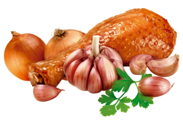 coxa de frango assado acompanhado de alho, cebola e salsinha isolado em fundo transparente