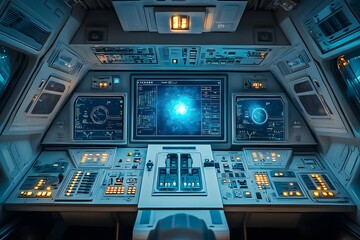 Obraz premium Futuristic Space Flight Simulator Room with Holographic Displays and Spacecraft Controls