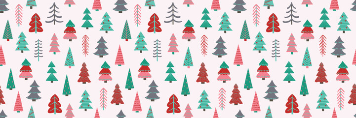 Colourful Christmas tree background. Seamless pattern design in cartoon style. Vector illustration
