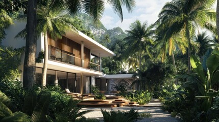 Fototapeta premium This image shows a modern house with a white exterior, wooden accents, and lush tropical landscaping. Tall palm and banana trees surround the contemporary design.