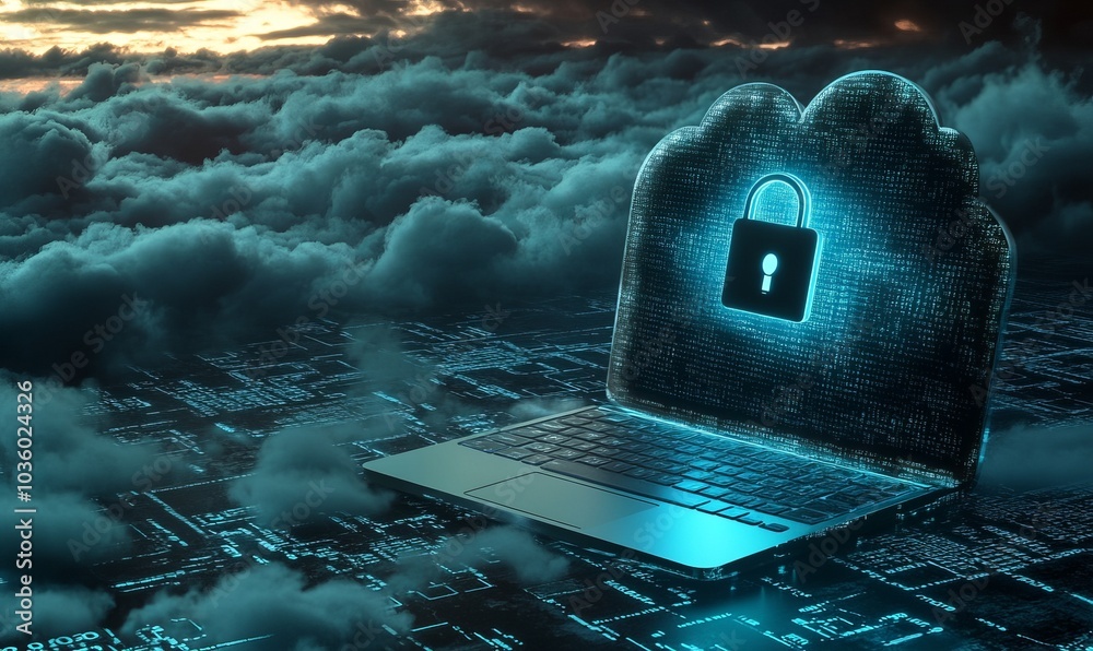 Wall mural laptop with padlock. password and scanning unlock and access to business data network. cloud. biomet