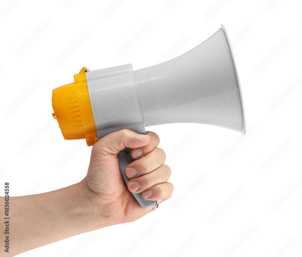 Wall mural woman holding megaphone speaker on white background, closeup