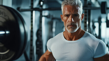 strong 40 year old man with gray hair stands confidently in gym, wearing white shirt. background features gym equipment, highlighting his fitness and determination