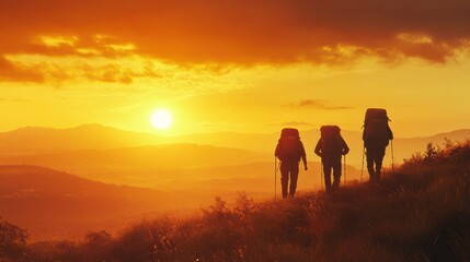 Fototapeta premium Two hikers walking up a hill at sunset