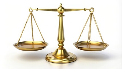 Golden scale representing justice concept standing on white background