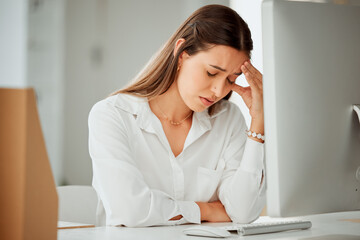 Frustrated woman, headache and stress with pain in anxiety, depression or overworked at office. Young, female person or employee with migraine, strain or pressure for fatigue, vertigo or dizziness