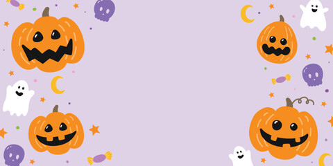 Cute Halloween background with hand drawn pumpkins, ghosts and skulls. Vector illustration