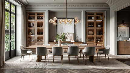 A stylish transitional dining room featuring a large wooden table with sleek modern legs
