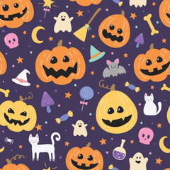 Cute Halloween seamless pattern. Background design. Vector illustration