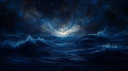 Fototapeta premium Majestic Starry Night Seascape with Moonlit Waves and Reflections