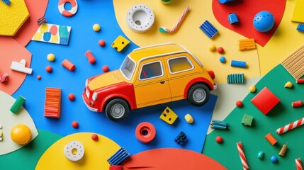 Brightly colored toy car among playful shapes and vibrant objects in a whimsical arrangement on a creative tabletop