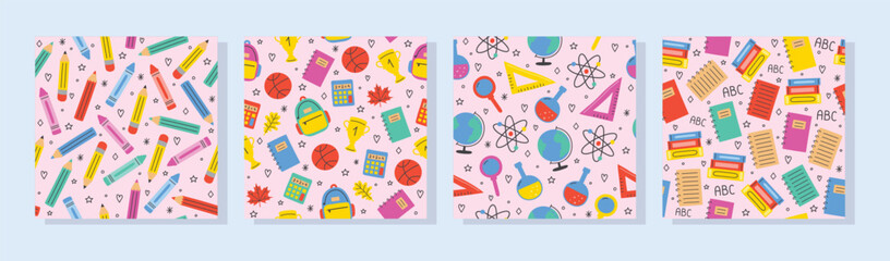 Collection of a cute school backgrounds with cartoon icons. Seamless pattern. Vector illustration