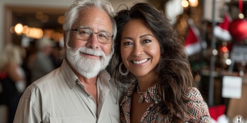 An older man with gray hair and a beard embraces a smiling woman with flowing dark hair in a warmly lit, festive indoor setting