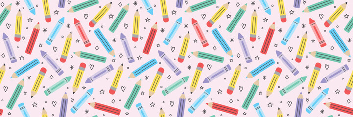 Cute school background with hand drawn crayons. Seamless patten design. Banner. Vector illustration