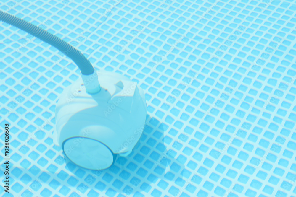 Sticker One robotic cleaner in swimming pool outdoors, space for text