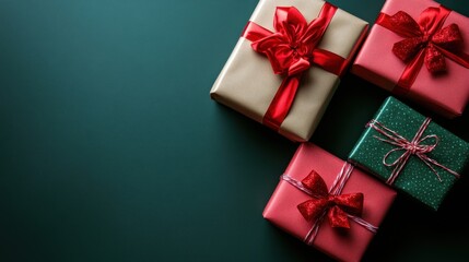 Festive gifts beautifully wrapped with vibrant ribbons, waiting for celebration under the shimmering holiday spirit