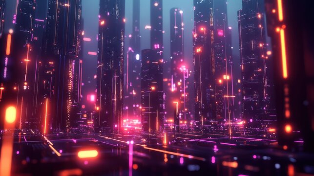 A futuristic cityscape at dusk with neon lights illuminating a complex network of nodes and connections, representing the vast scope of big data analytics. - Powered by Adobe