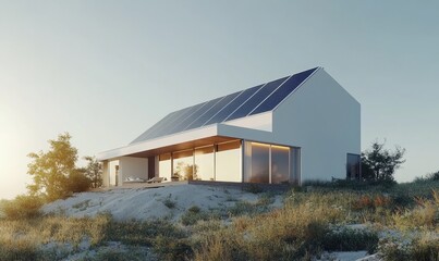 Fototapeta premium Beautiful modern house with solar panels. Clear sky, sun