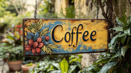 Charming vintage signboard for a coffee shop adorned with floral art, inviting visitors to an enchanting outdoor garden setting filled with lush greenery