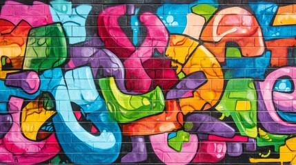 A colorful graffiti mural on a brick wall.