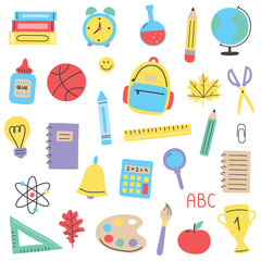 Back to School set with cartoon icons. Supply elements. Vector illustration