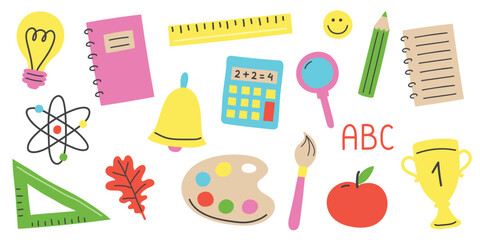 Cartoon school icon set. Cartoon stationery. Vector illustration